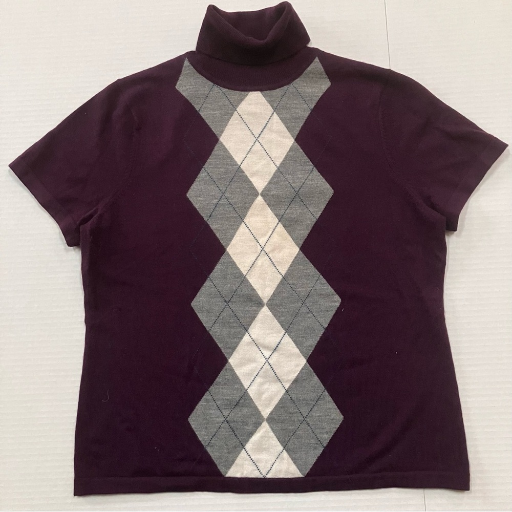 Kenar Purple and Gray Argyle Short Sleeve Turtleneck 100% Merino Wool